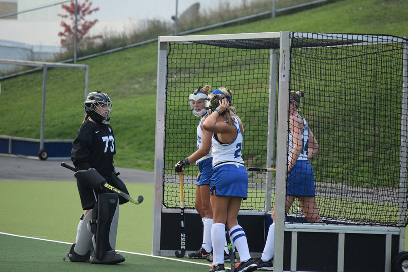 Duke's defenders and goalie talk among themselves. The five goals allowed was a season worst. 