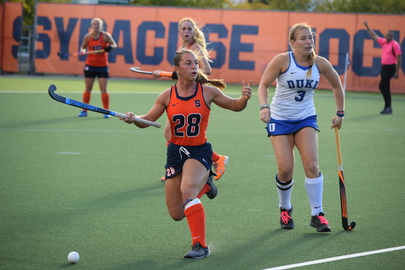 Erin Gillingham points toward the side during SU's 5-1 win