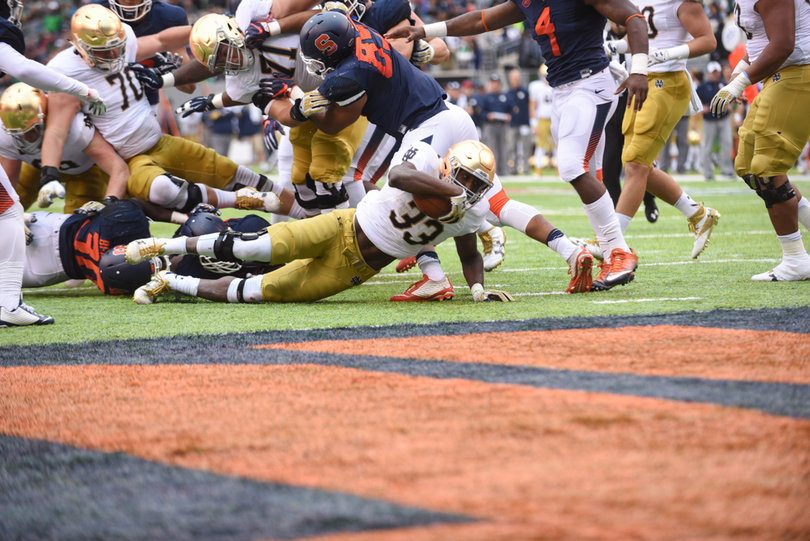 Josh Adams extends toward the goal line, but doesn't score.