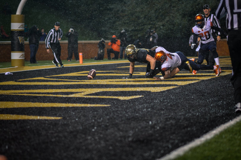The ball squirts free in the end zone.