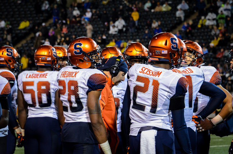 Syracuse's defense huddles up during its game against WFU. Secondary coach Nick Monroe addresses his unit.