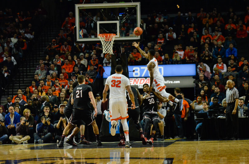 Howard barrels over Chris Silva. Howard was called for at least one charge in the game.