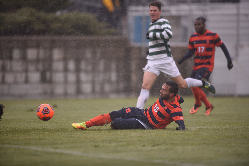 Camargo slides across the grass inside the penalty box. He recorded two goals in the game.