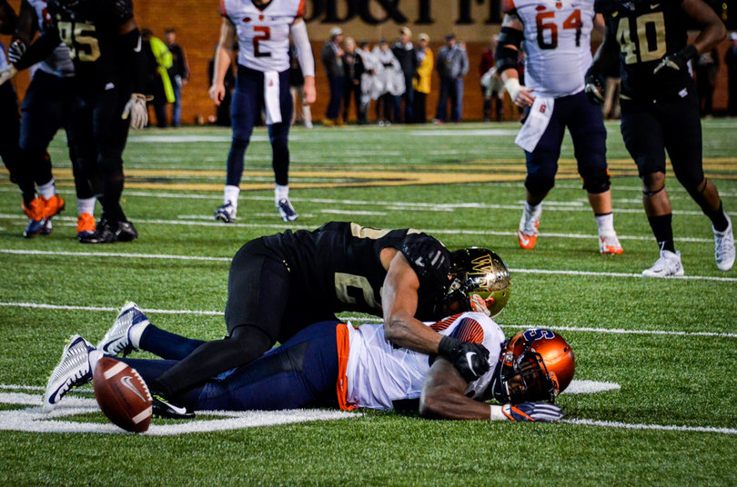 Syracuse's Jordan Fredericks fumbled away a ball with less than two minutes left in SU's loss to Wake Forest in a hurricane. It was picked up and returned for a score.