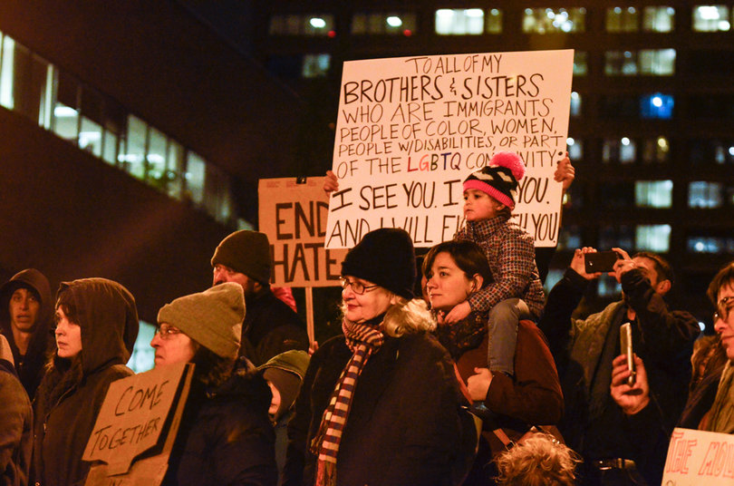 Syracuse residents took to Clinton Square to protest Republican candidate Donald Trump's presidential election victory. 