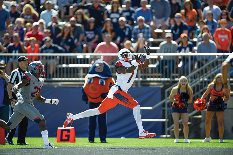 Amba Etta-Tawo broke SU's single-game receiving yards record, scoring two touchdowns and totaling 270 yards against Connecticut.