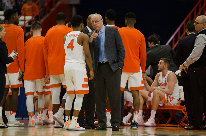 Jim Boeheim talks things over with his point guard John Gillon on a night where nearly everything clicked for the redshirt senior.