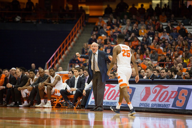 Jim Boeheim yells to his team as Tyus Battle walks to the bench. Battle played 36 minutes and had 19 points.