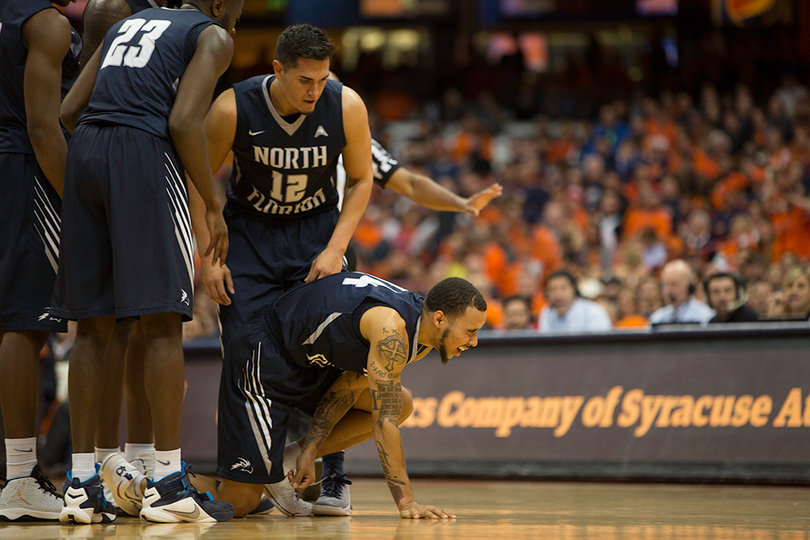 A North Florida player winces in pain.
