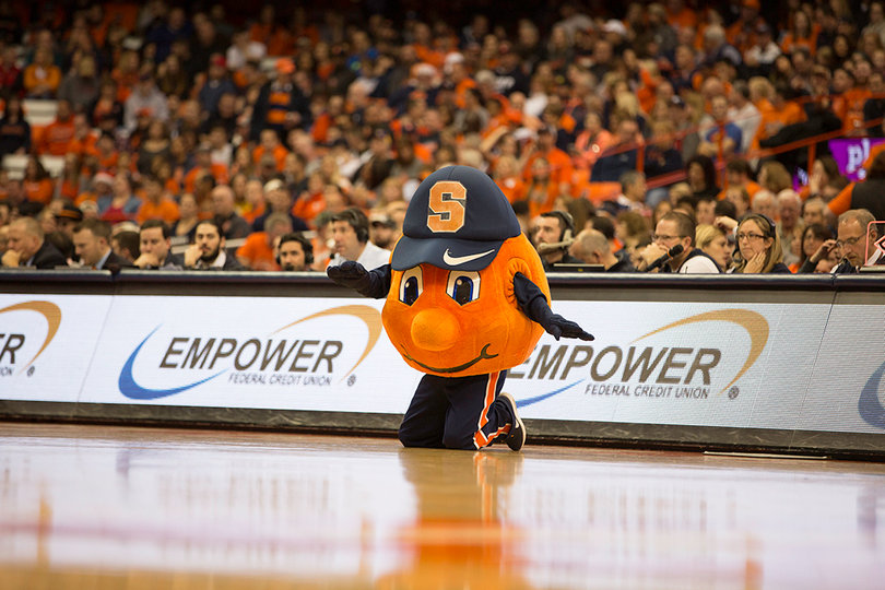 Syracuse's mascot, Otto the Orange, performs during a break in the action.
