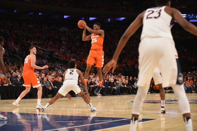 Tyus Battle tosses a jump pass at the top of the key. Battle was 2-for-6 and had seven points.