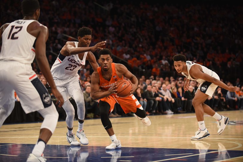 John Gillon drives through the lane. He went 0-for-4 from the field.