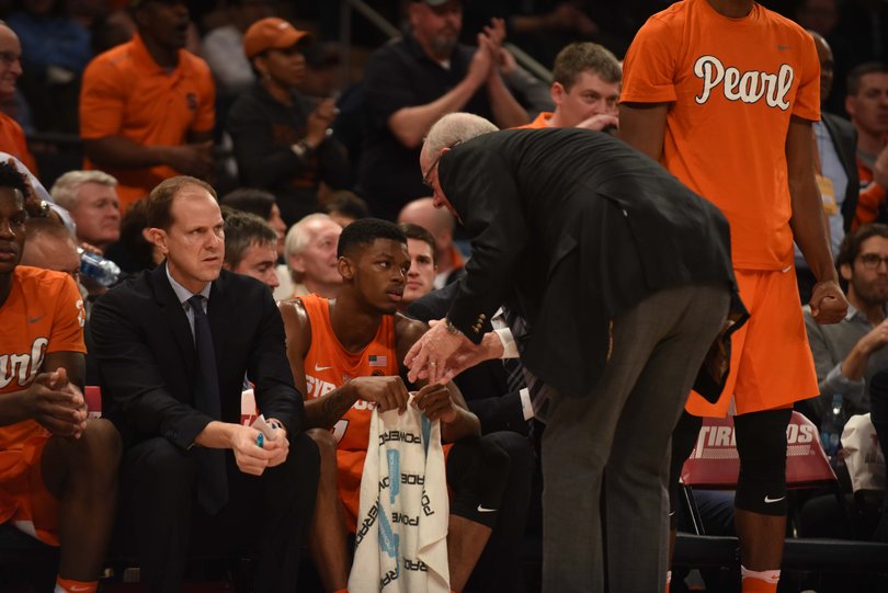 Boeheim talks to Howard on the bench. Howard said he hopes to never play like Monday again.