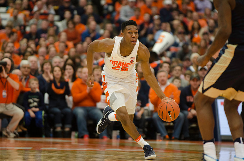 Tyus Battle pushed the ball up court. One of three SU players to play the whole game, he had 15 points. 