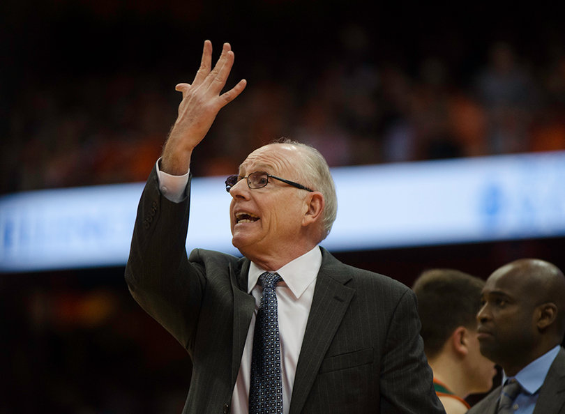 Miami head coach Jim Larranaga gestures toward one of his players. 