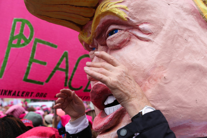 Tighe Barry mocks President Trump's "tiny hands" phenomenon while demonstrating at the Women's March on Washington.