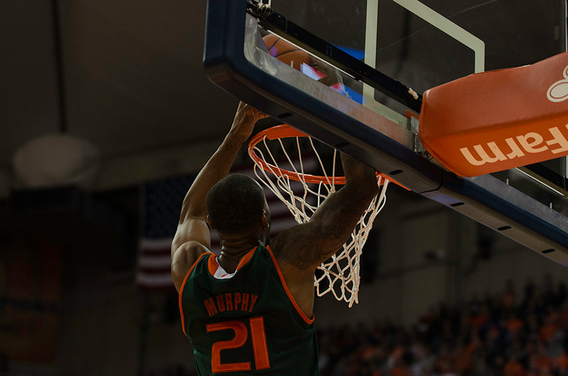 Miami's Kamari Murphy slams one down. He scored eight points and grabbed four rebounds in 35 minutes. 