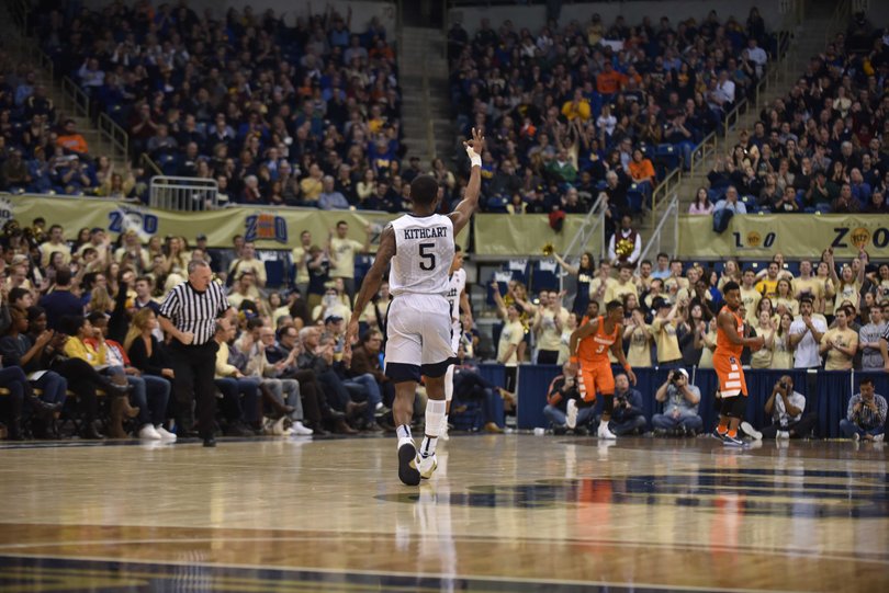 Pitt's Justice Kithcart celebrates a 3-pointer being made. 