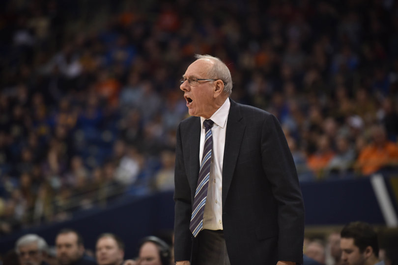 SU head coach Jim Boeheim yells out from the sideline during the game. 
