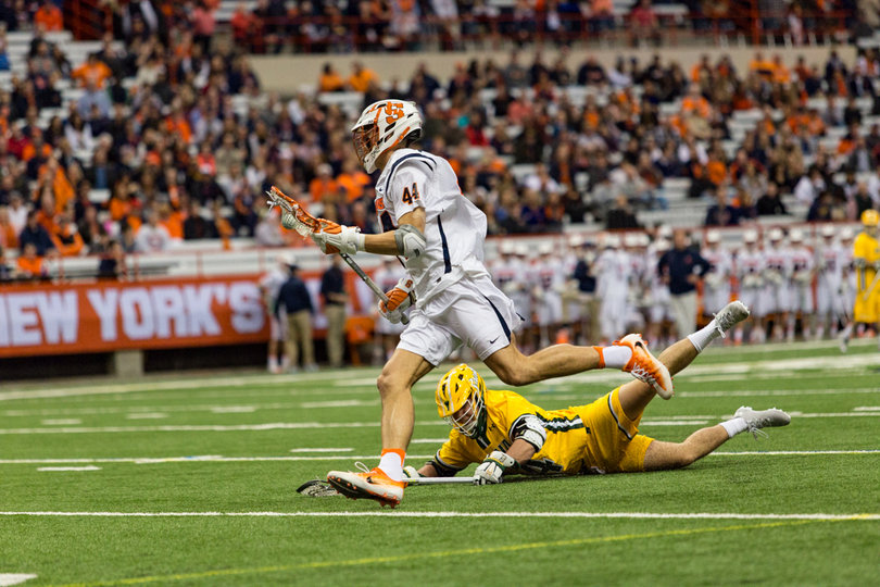 A familiar sight on Saturday: An SU player a step ahead of a Siena defender. 