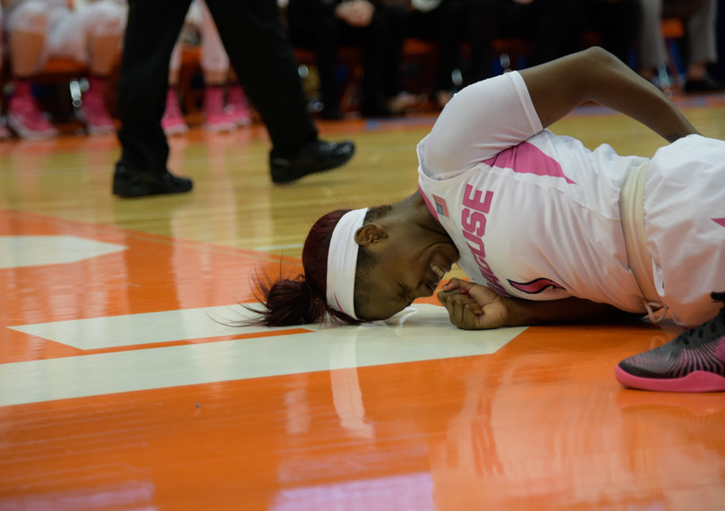 Peterson fell hard to the ground on one play after she drew contact near the basket.  