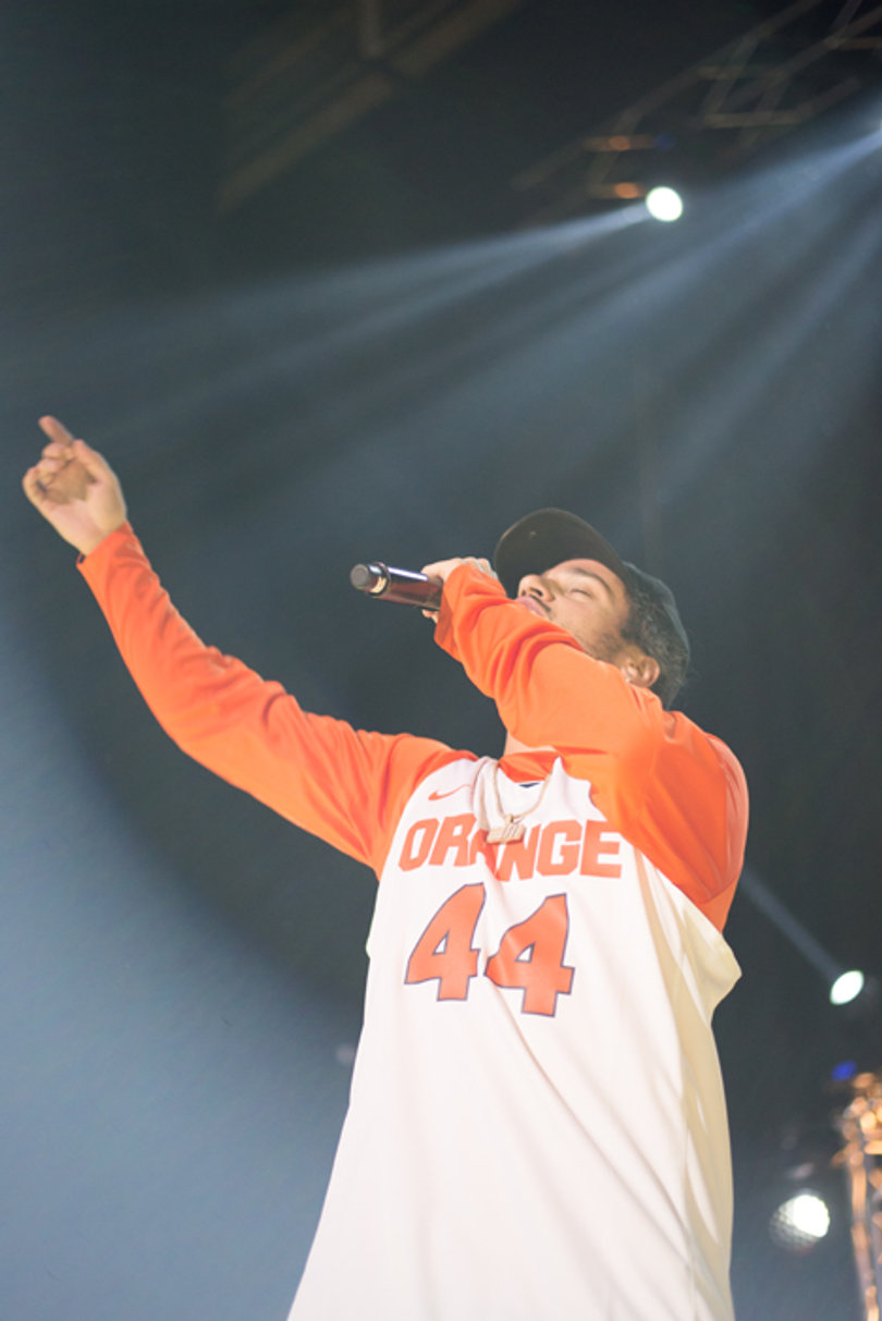 Russ sported a Syracuse basketball jersey, which got a massive reaction from the crowd when he revealed himself on stage.