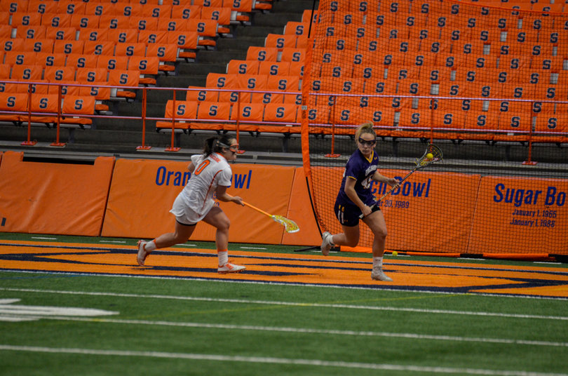 Kaeli O'Connor guards Albany's Kenzie Neal. 