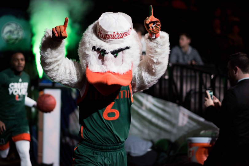 The Miami mascot gets fired up.
