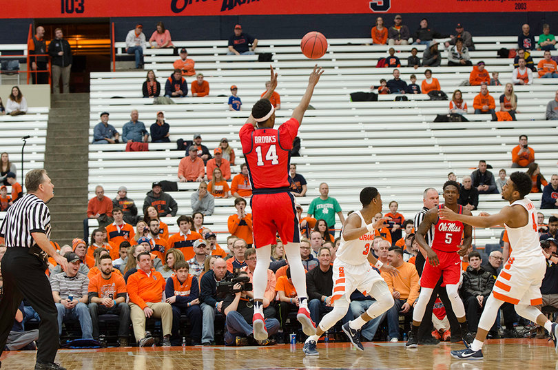 Rasheed Brooks unloads a deep shot for Mississippi. The Rebels converted 15 shots from behind the arc.