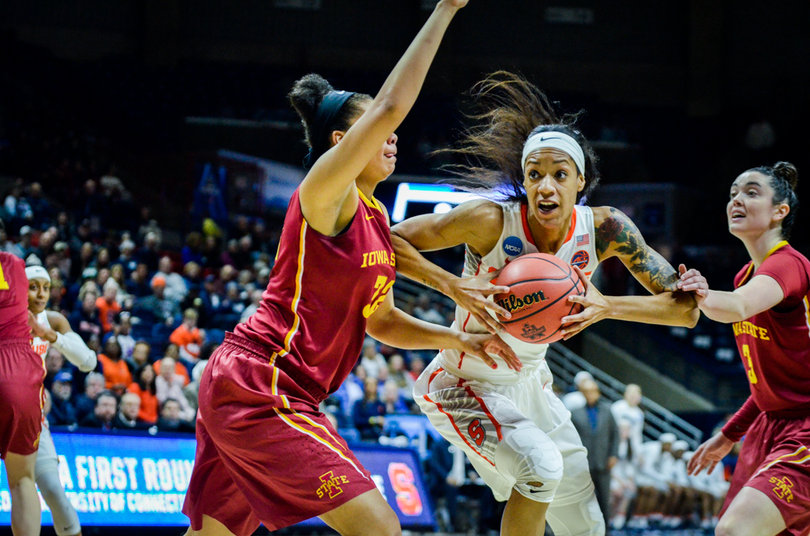 Day holds the ball while making a move toward the bucket.