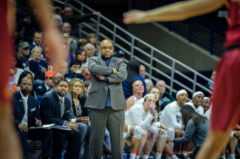 Hillsman stands with his arms crossed. His team will have a chance to get revenge against UConn.