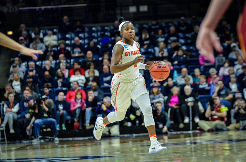 Peterson dribbles across halfcourt. She scored 25 points in the win.