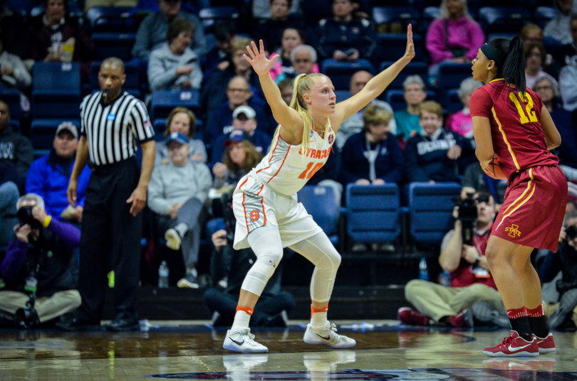 Isabella Slim stands in position to defend Iowa State.