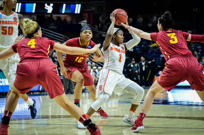 Peterson picks up her dribble looking for an option to pass to on the perimeter.