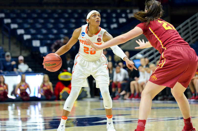 Brittney Sykes points out to the floor. She helped the Orange with a game-high 28 points.