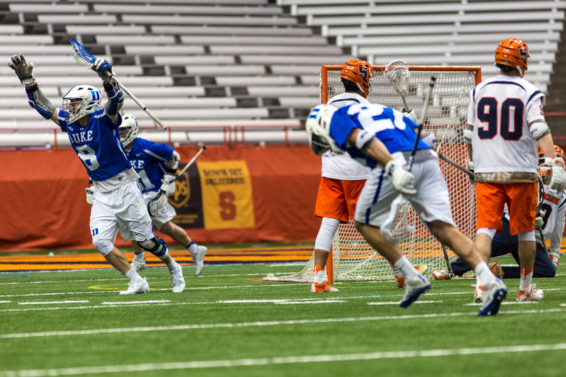 The Blue Devils celebrate scoring a goal. They held the lead on two separate occasions. 