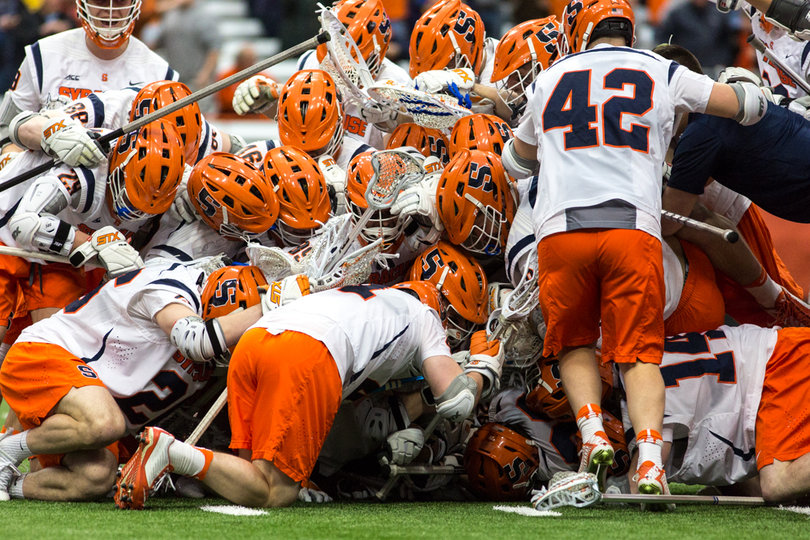 Syracuse celebrates after winning another close one-goal game in overtime. 