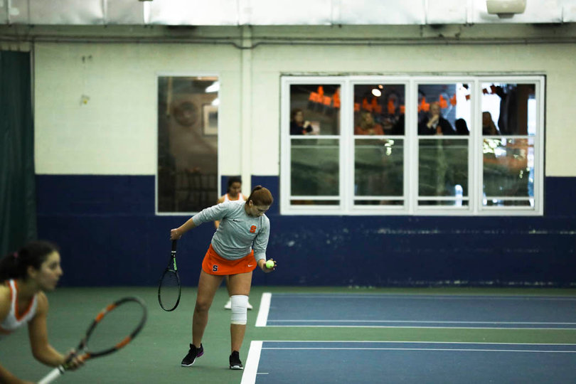 Anna Shkudun preps for her singles match. 