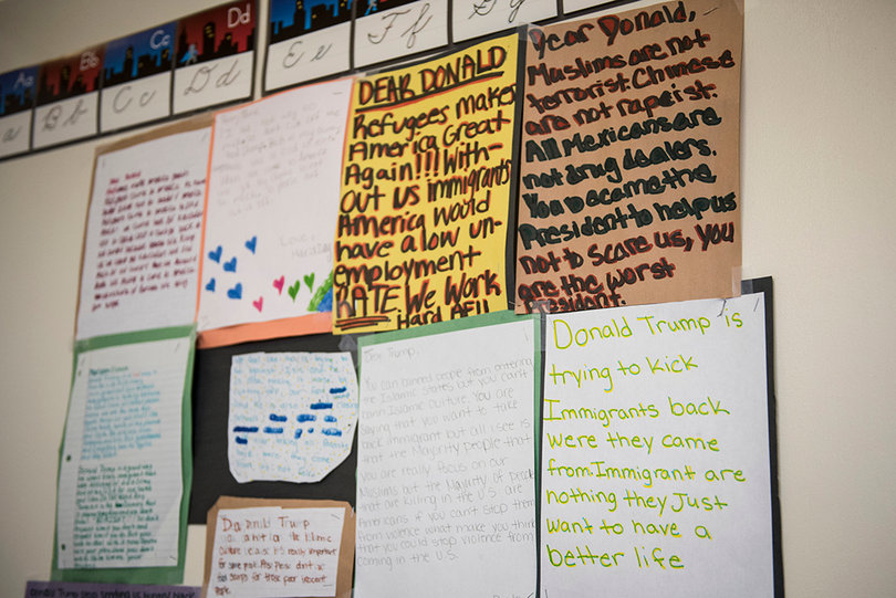 A wall inside one of the RISE classrooms is decorated with letters to President Donald Trump from children in the after-school program. 