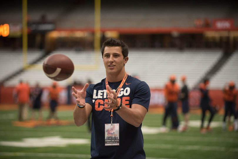 Syracuse signee Tommy DeVito was at the game, playing catch on the field beforehand. 