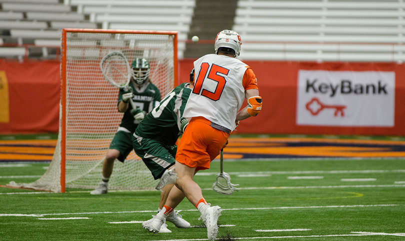 Redshirt sophomore midfielder Pat Carlin lets one fly from 10 to 15 yards out. 