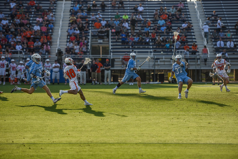 UNC's Joe Kenna puts his stick up to intercept a Salcido pass. 