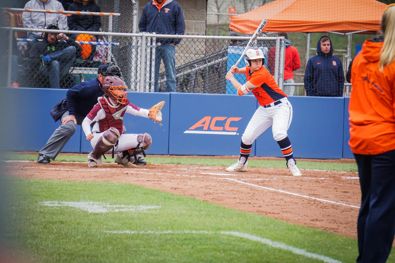 Olivia Martinez braces for the incoming pitch. 