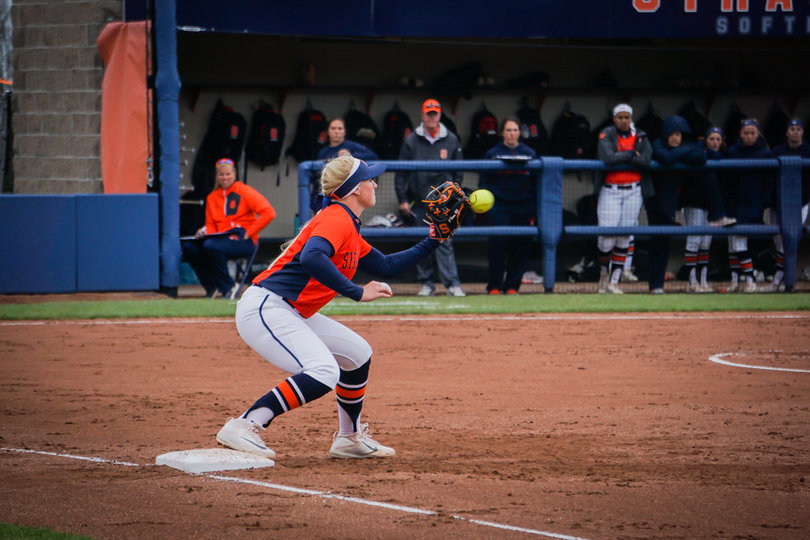 Sydney O'Hara catches the ball at first.  