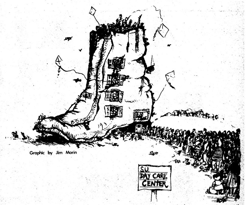 An editorial cartoon that ran in the Sept. 4, 1974 issue of The D.O. The editorial board was about SU's inability to accommodate all of campuses' child car needs. As a reminder that some things never change: SU was dealing with the same problems years later.
