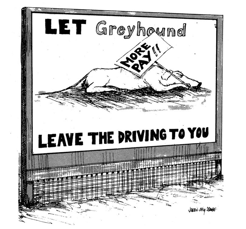 An editorial cartoon from the Nov. 22, 1974 issue of The D.O. that ran on the front page, paired with a story by Stephen McNally about a bus strike.