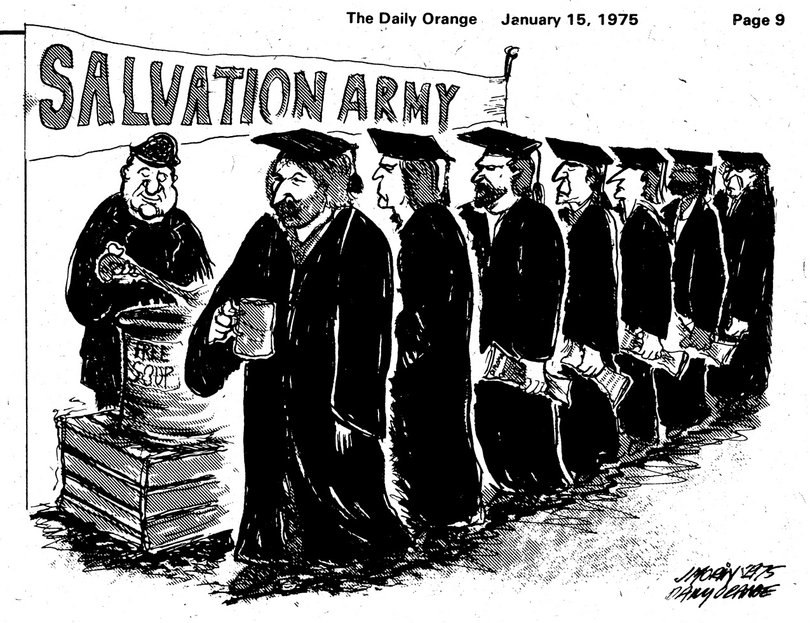From the Jan. 25, 1975 issue of The D.O., this cartoon paired with a story about job market concerns for seniors. The article notes four-year tuition at SU cost $20,000. 
