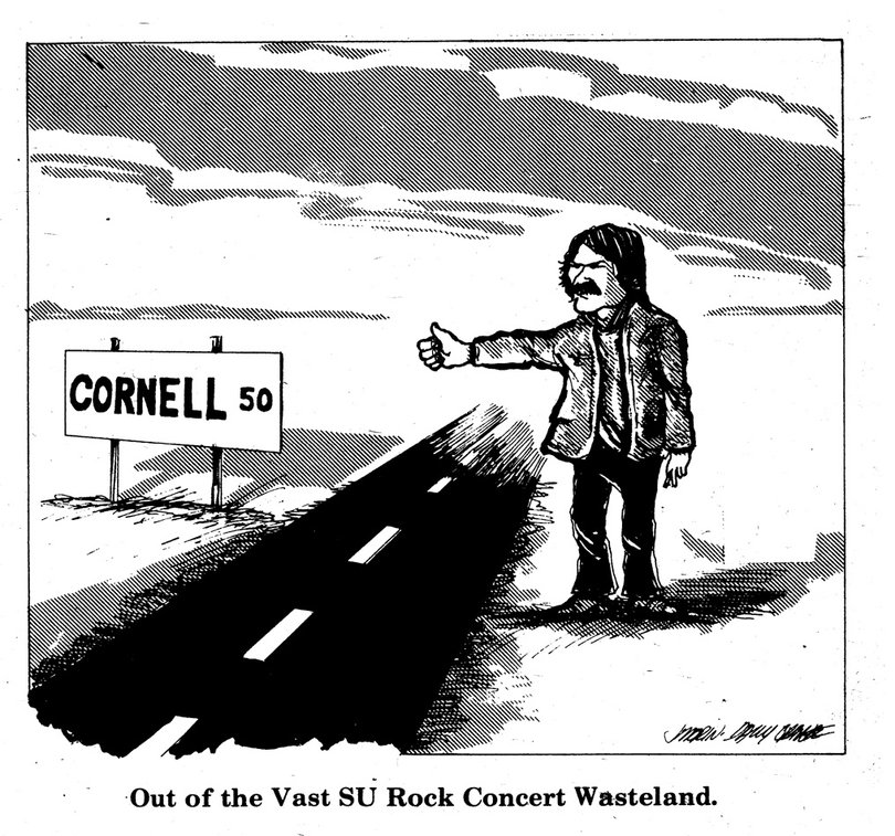 An editorial cartoon from the Nov. 11, 1974 issue of The D.O. about University Union's struggle to bring popular musical acts to campus. The editorial reads: "Charges arose that the only music coming to SU was the 'concert board's kind of music' -- jazz."