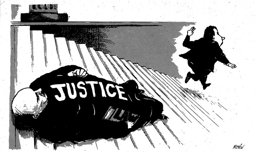 An editorial cartoon from the Sept. 16, 1974 issue of The Daily Orange. It accompanied two columns about Nixon's presidential pardon by editorial editors Joe Van Eaton and Michael Kelly.