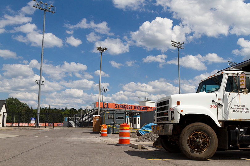 Construction equipment sits near the Women's Soccer Stadium as the retaining wall along is being replaced. Photo taken July 5, 2017